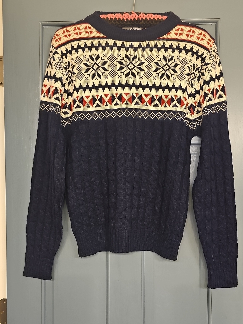 Steep Slopes Navy Crewneck Fair Isle Cable Sweater Small 80s Vintage Ski Men